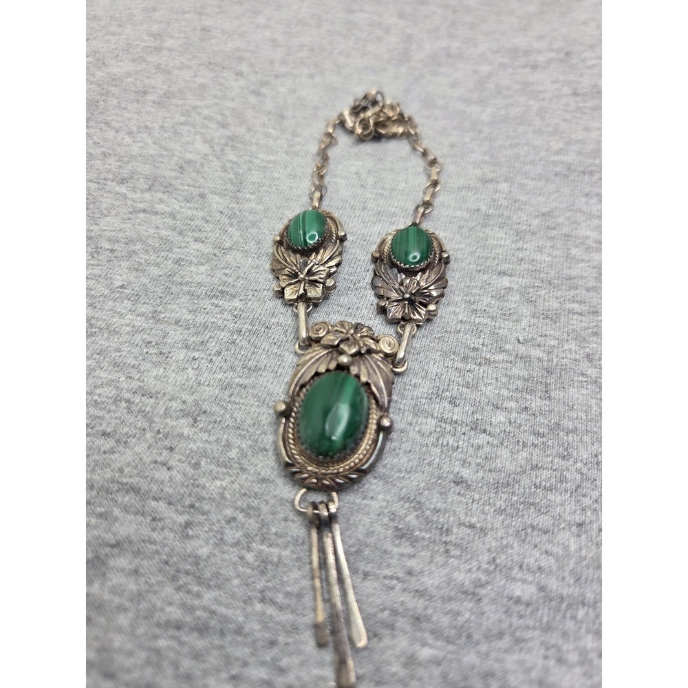 Rare Roie Jaque Navajo Signed Sterling Silver Malachite Floral Necklace OOAK - Picture 9 of 15